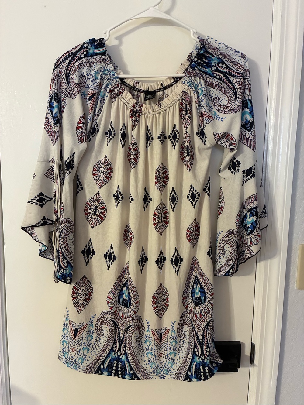 Boho Lildy Paisley Peasant Top in Cream with Blue Accents